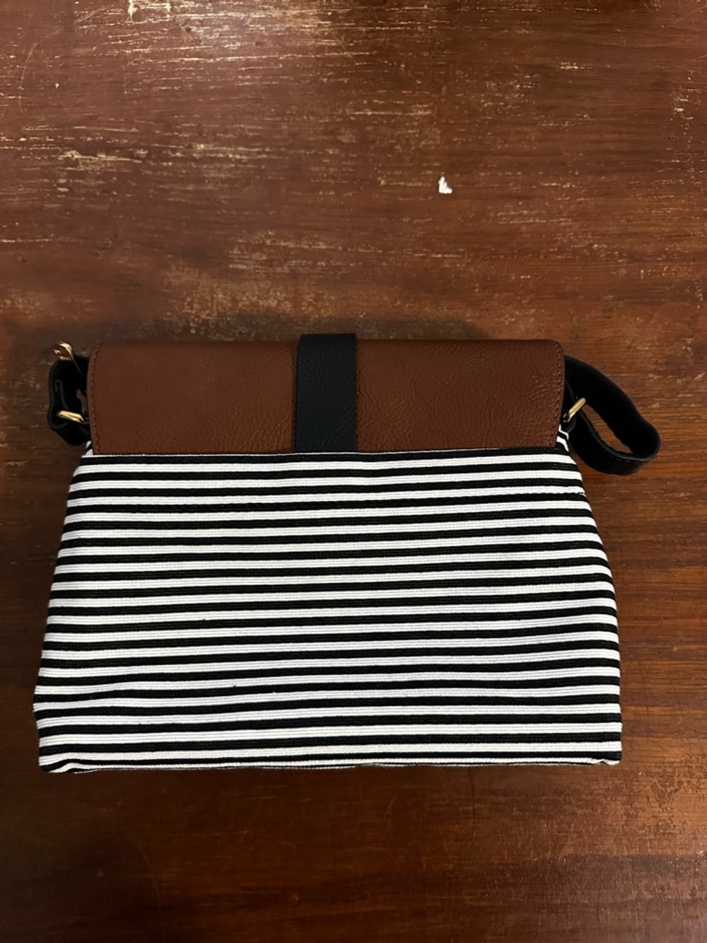 Fossil Brown Leather Flap Crossbody with Black & White Stripes - Picture 3 of 4